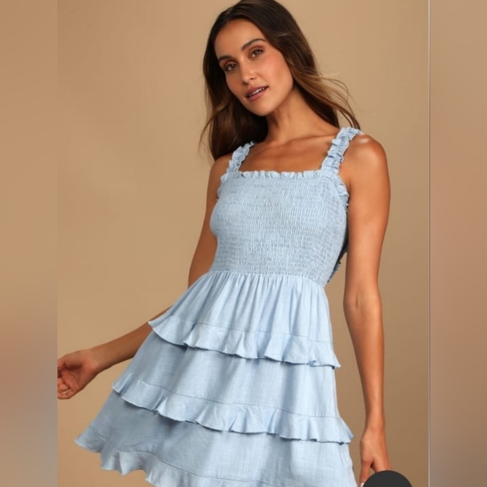 NWT Lulus Super Sweet Light Blue Smocked Ruffled Tie-Back Mini Dress